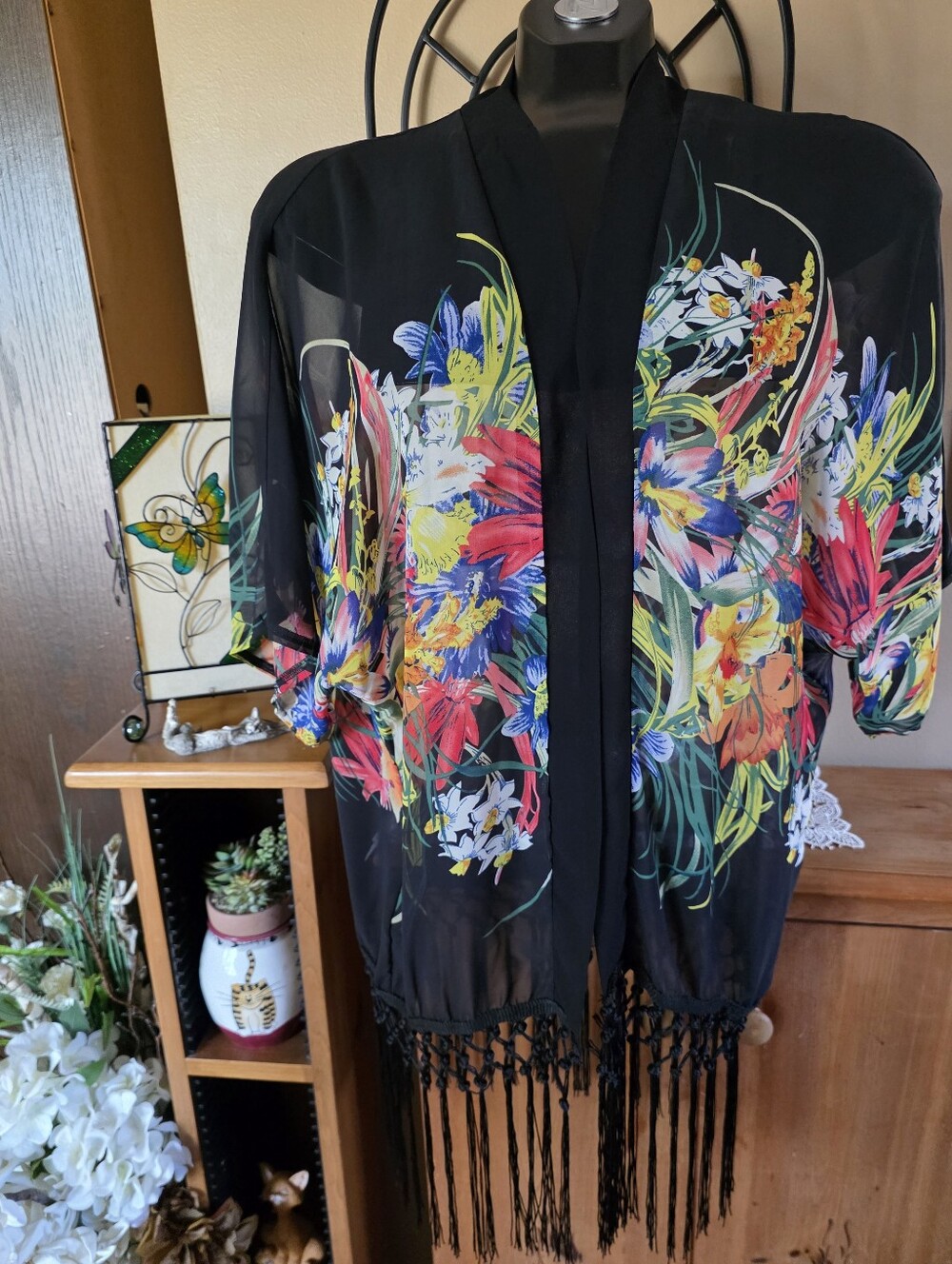 Boho Black Floral Sheer Kimono with Fringe